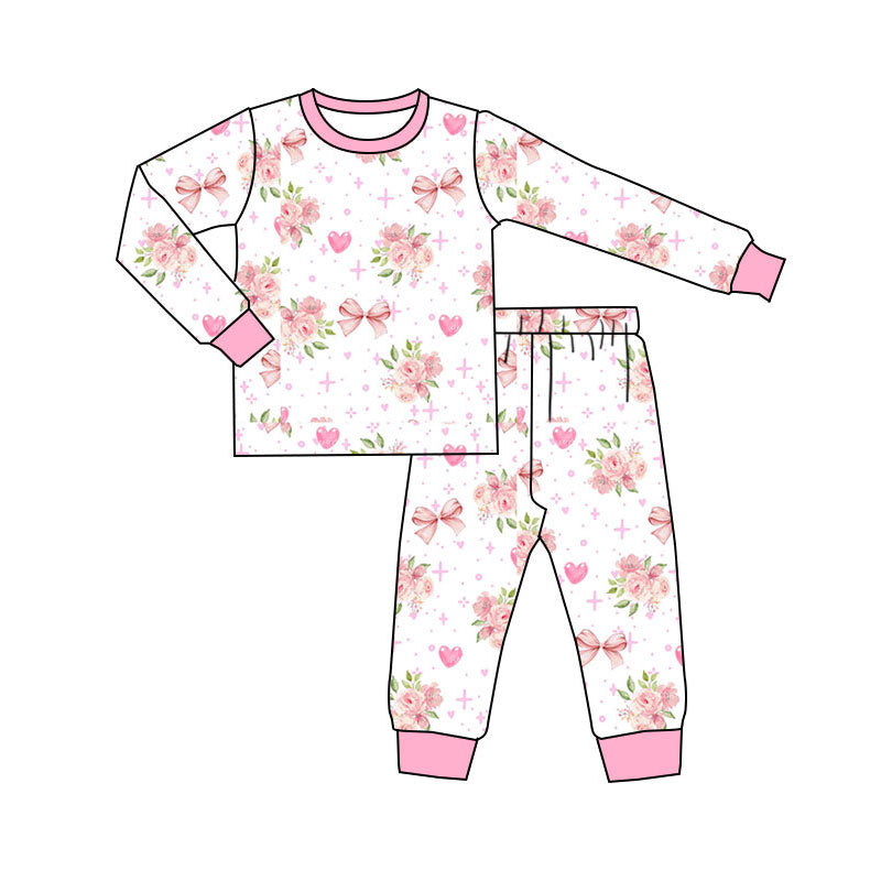 Preorder(moq 5) Baby Girls Pink Flowers Hearts Top Pants Valentines Pajamas Sets