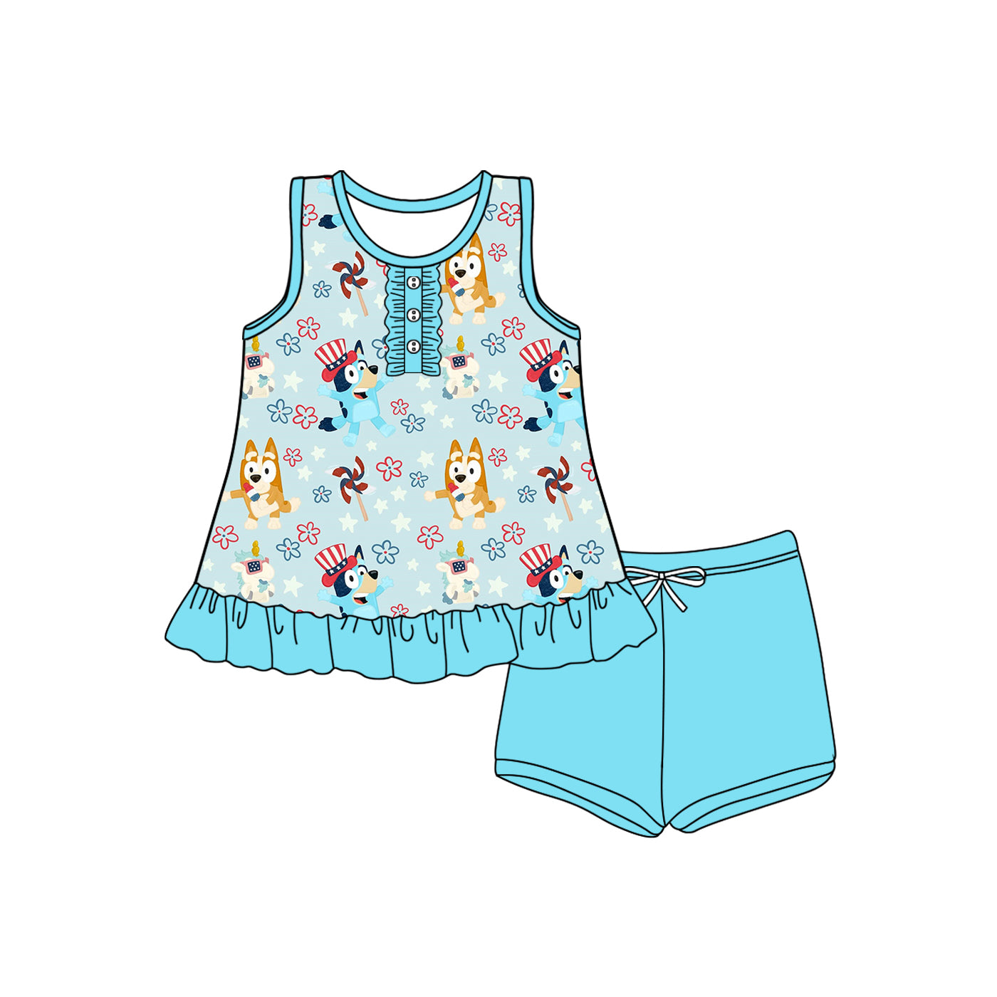 Preorder (moq 5)Baby Girls Blue Sleeveless Button Cartoon Dogs Flowers Tunic Short 4th Of July Set