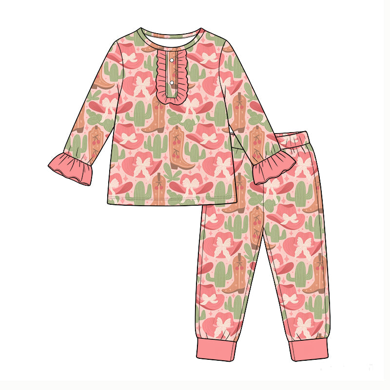 Preorder (moq 5) Baby Girl Clothes Cowboy Boot Cactus Mixed Print Long Sleeve Ruffle Pajama Set