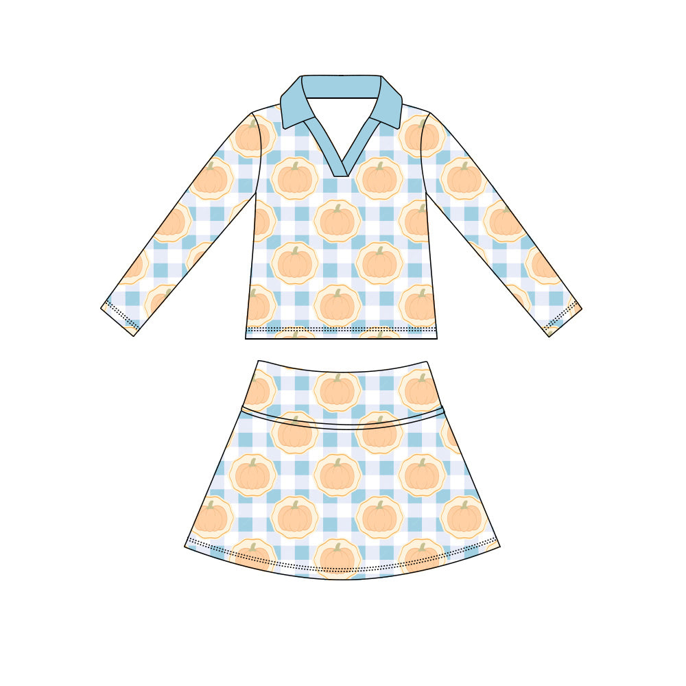 Preorder (moq 5)Baby Girls Blue Checked Pumpkins Top Skirt Shorts Fall Clothes Sets