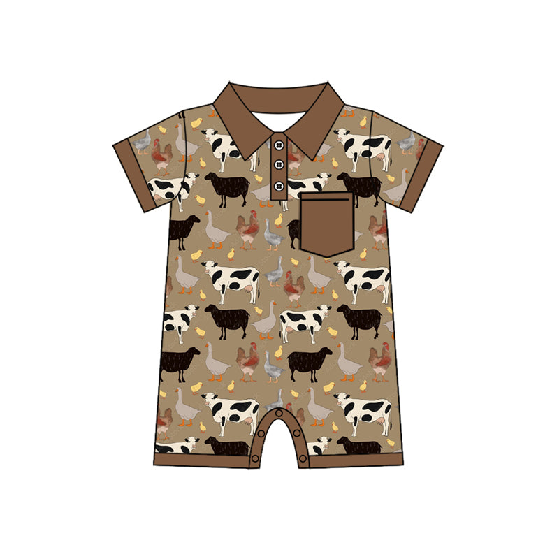 Preorder(moq 5)Baby Infant Boys Farm Cows Pocket Summer Rompers