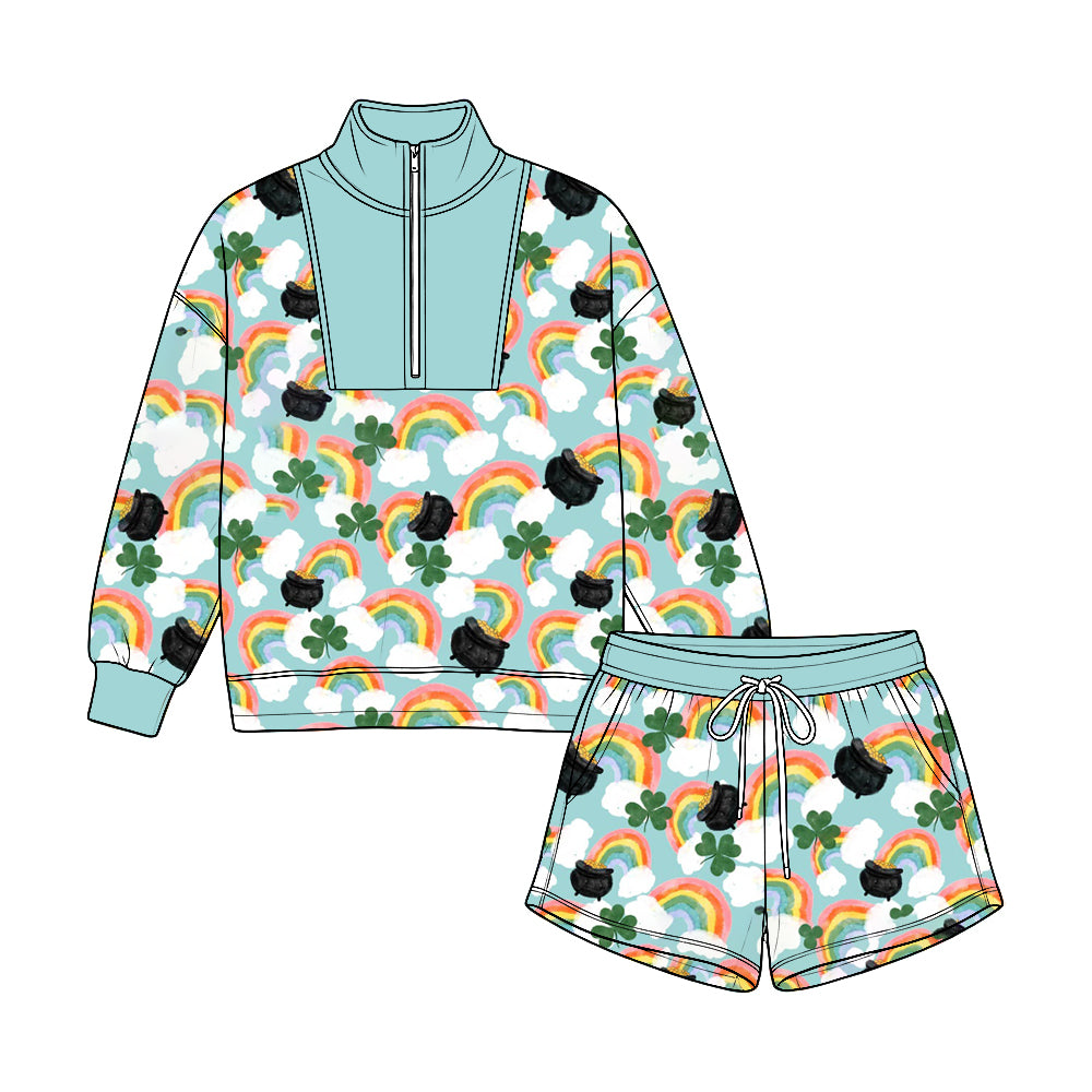 Pre-order(moq5) Kids’ Half-Zip Top & Shorts 2-Piece Set, Blue Rainbow, Pot of Gold & Clover Print Outfit
