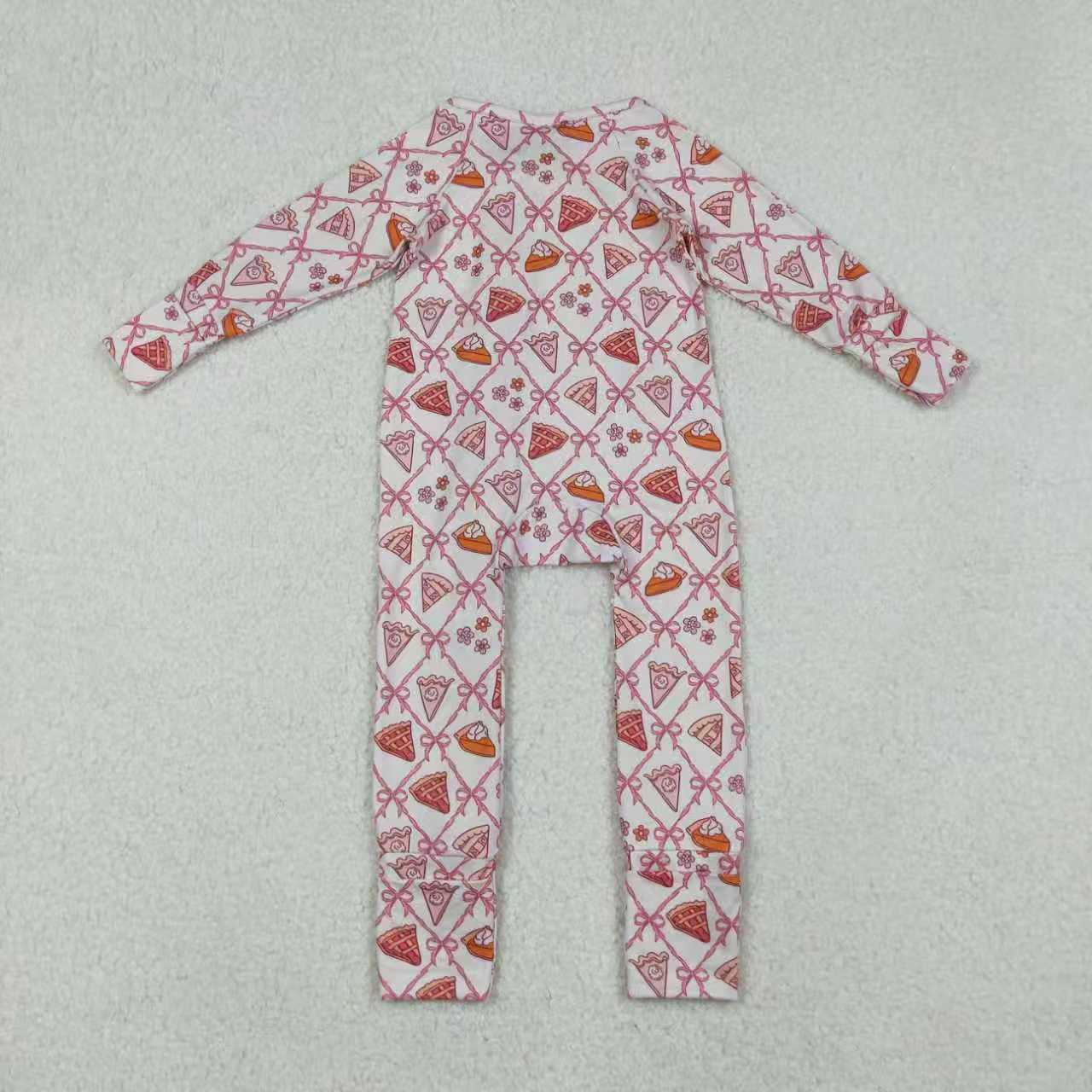 Sibling Baby Girls Bows Flowers Pie Checked Button Thanksgiving Pajamas Set Zip Footie Rompers