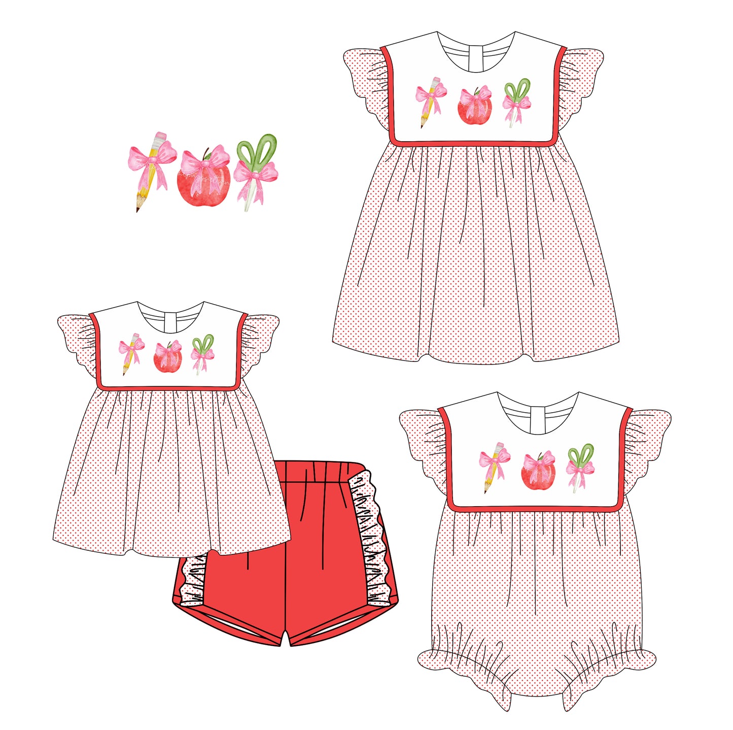 Preorder moq 5 Custom Baby Girls Pink Polka Dots Apple Bows Tunic Ruffle Short Set Knee Length Dress And Rompers