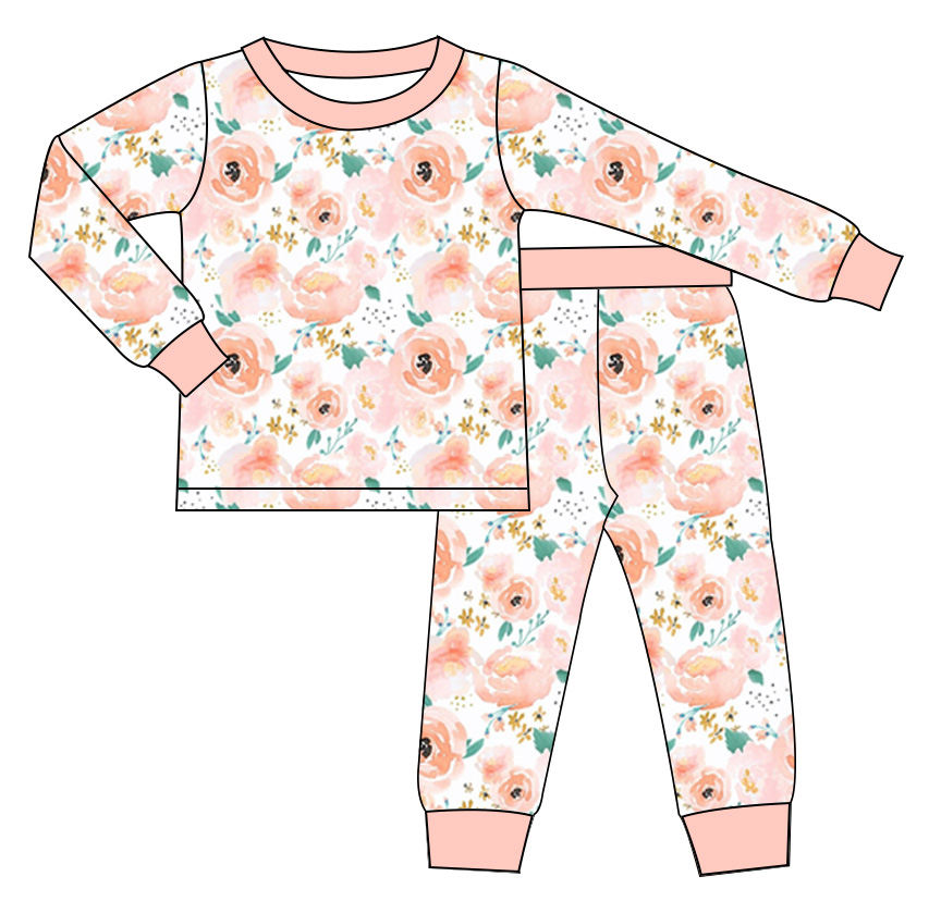 Preorder (moq 5)Baby Girls Peach Flowers Top Pants Pajamas Sets