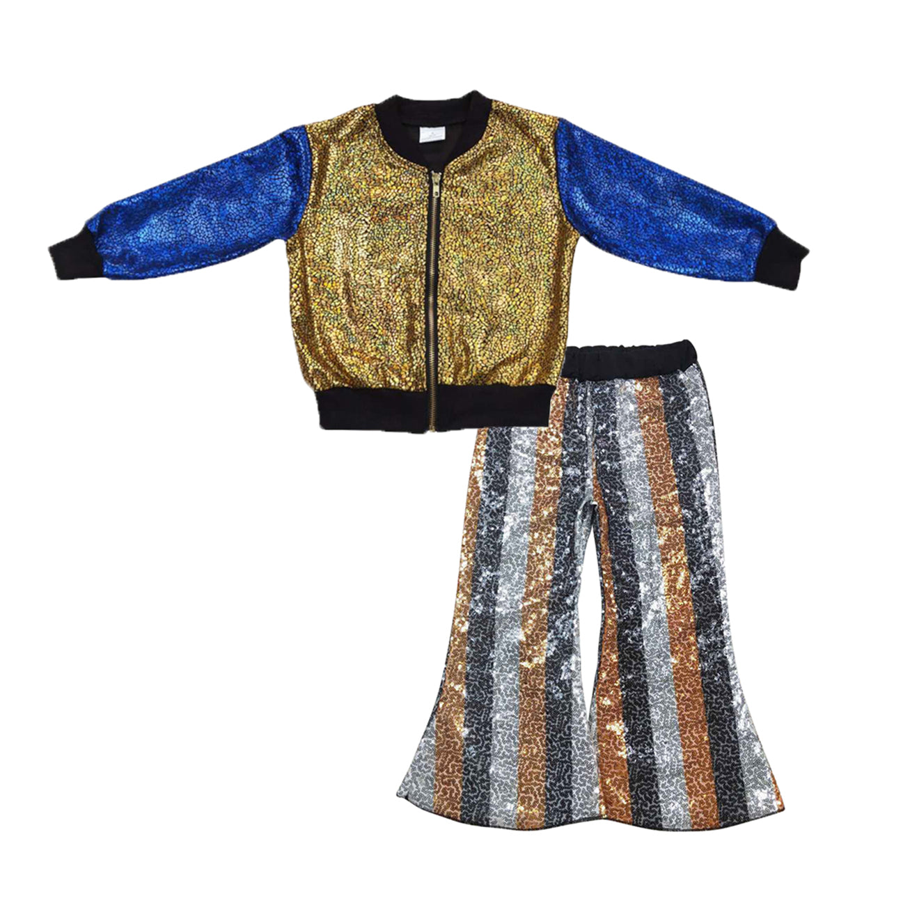 Baby Girls Gold Sparkle Jackets Sequin Bell Bottom Pants 2pcs Clothing Sets