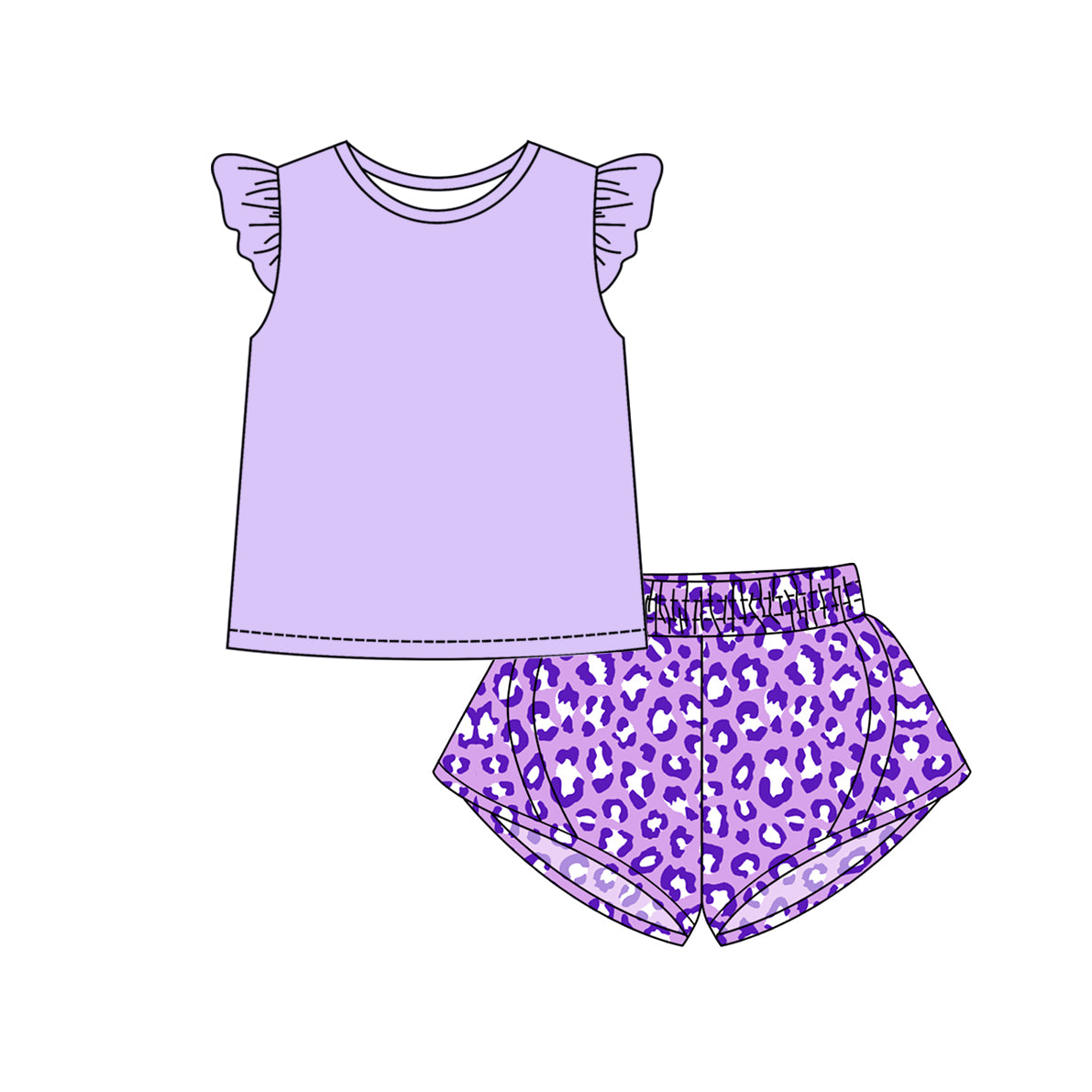 Preorder (moq 5)Baby Girls Lavender Flutter Sleeves Top Leopard Short Set