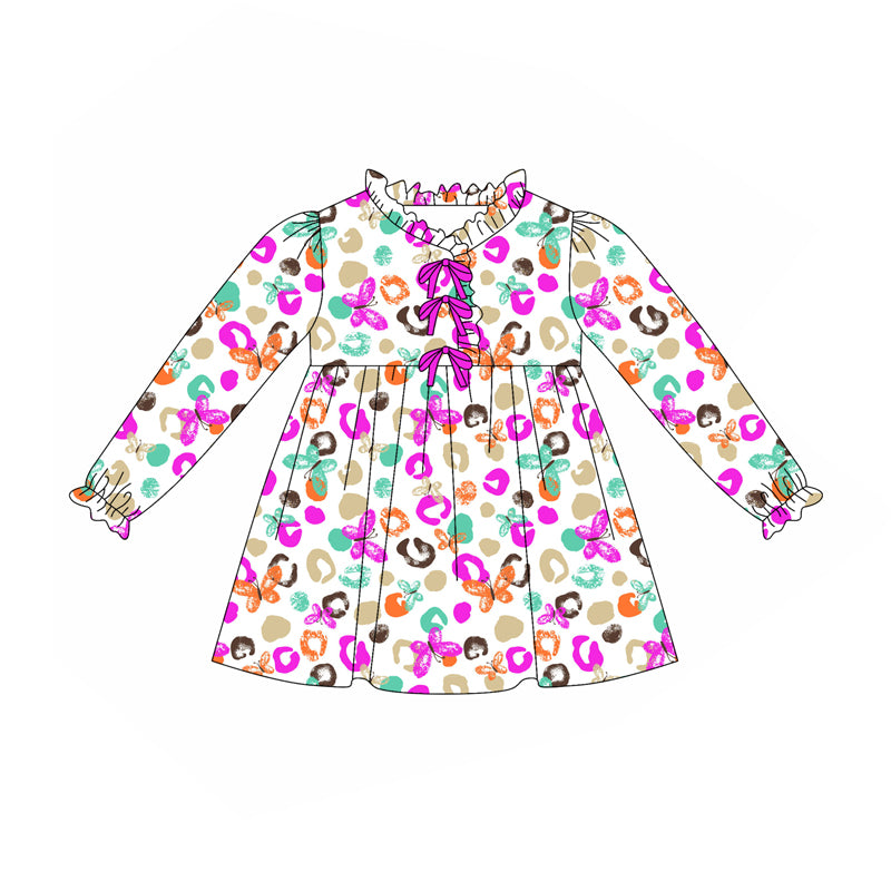 Preorder (moq 5)Baby Girls Purple Leopard Butterfly Knee Length Dresses