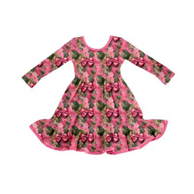 Preorder (moq 5)Baby Girls Green Pink Camo Bows Ruffle Western Knee Length Dresses