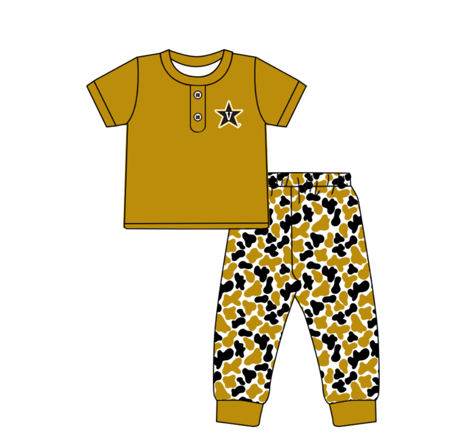 Preorder (moq 5)Baby Boys Gold V Stars Button Top Camo Pants Team Clothes Sets