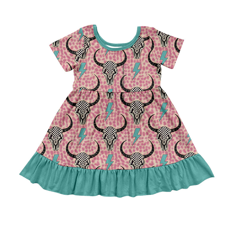 Preorder (moq 5)Baby Girls Pink Leopard Cow Skull Ruffle Knee Length Dresses