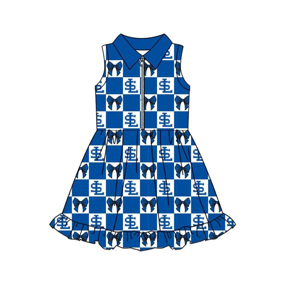 Preorder (moq 5)Baby Girls Blue Bows SL Checked Zip Team Ruffle Knee Length Dresses