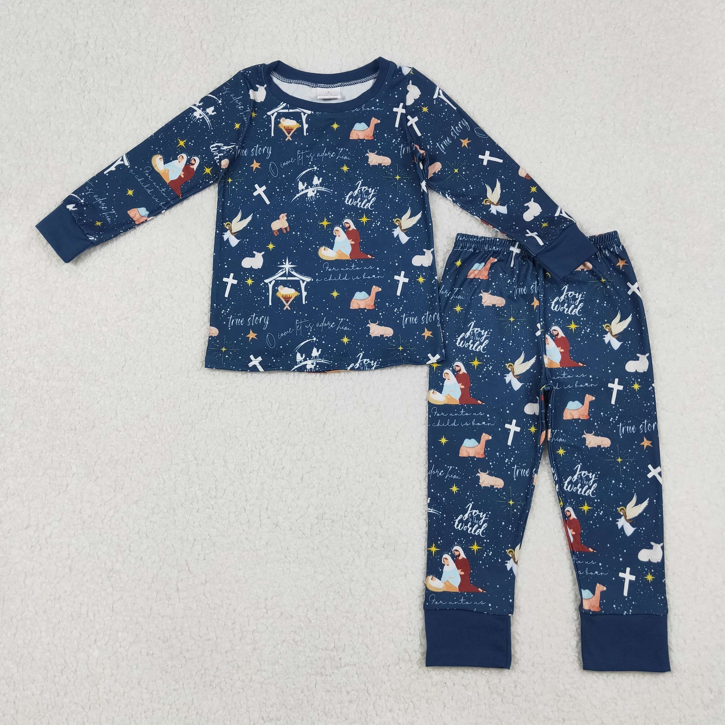 Sibling Baby Boys Navy Nativity Christmas Pajamas Sets Zipper Footie Rompers