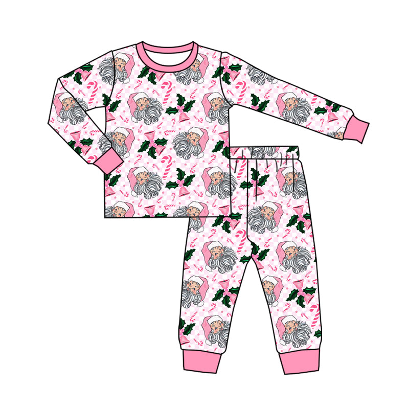 Preorder (moq 5)Baby Girls Long Sleeves Pink Candy Cane Santa Top Pant Pajamas Sets