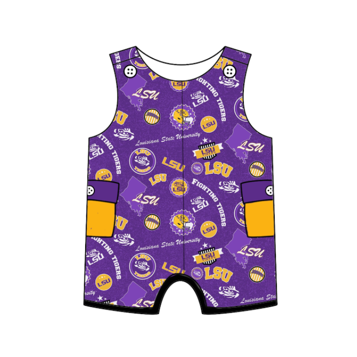Preorder (moq 5)Baby Girls Sleeveless Purple LSU Team Shorts Rompers