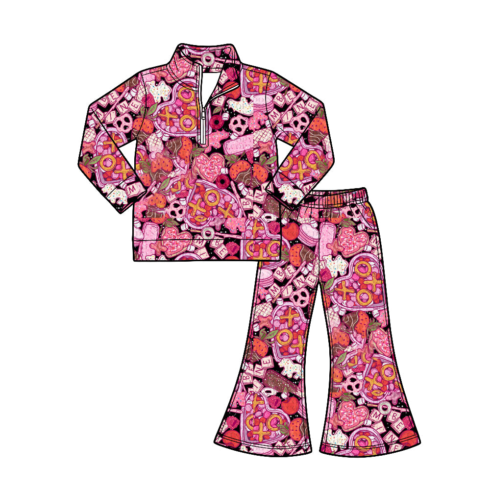 Preorder (moq 5) Girl clothes Retro Valentine Floral Long Sleeve 1/4 Zip Pullover Flare Pants 2‑Piece Outfit Set
