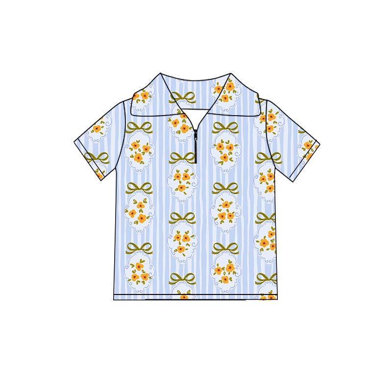 Preorder (moq 5)Baby Girls Blue Stripe Flowers Zip Pullovers Top
