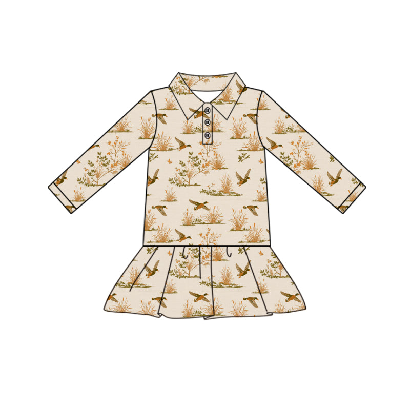 Preorder (moq 5)Baby Girls Long Sleeve Ducks Button Hunting Knee Length Dresses