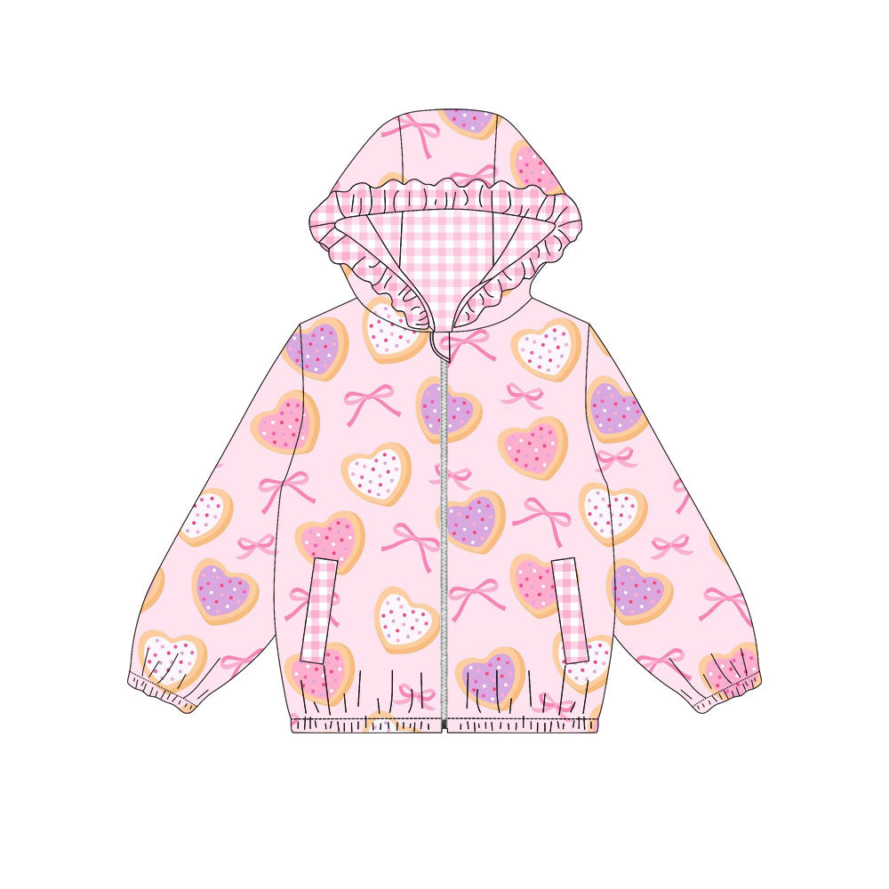 Preorder (moq 5)Baby Girls Pink Hearts Bows Pocket Zipper Valentine Ruffle Hoodies Jackets Top