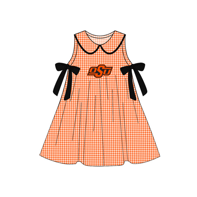 Preorder (moq 5)Baby Girls Orange Plaid Sleeveless Bows OSU Team Knee Length Dresses