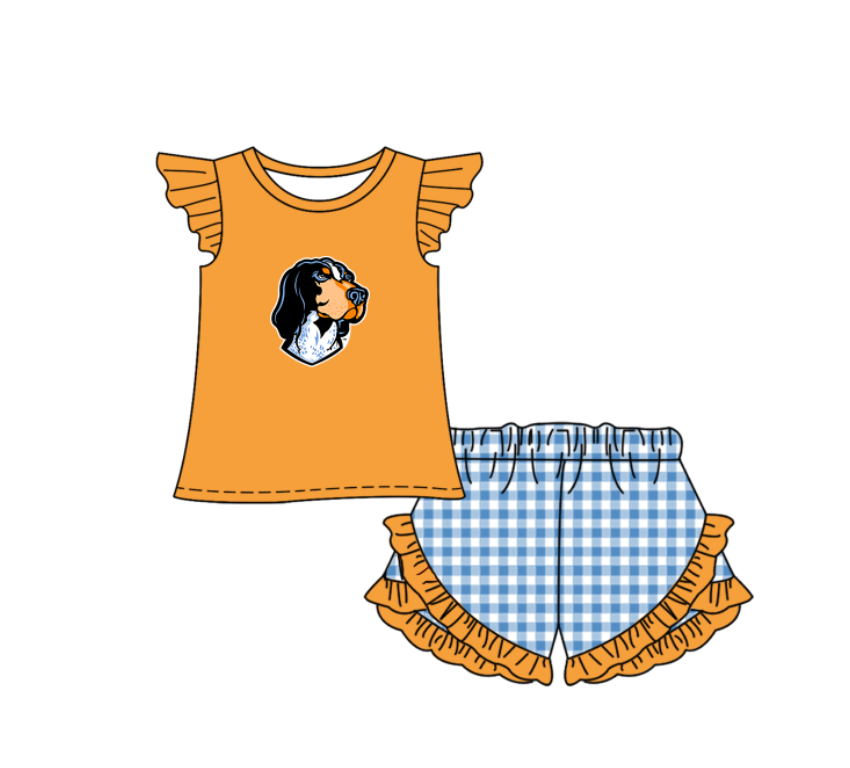 Preorder (moq 5)Baby Girls Tennessee Volunteers Top Checked Ruffle Short Team Clothes Set