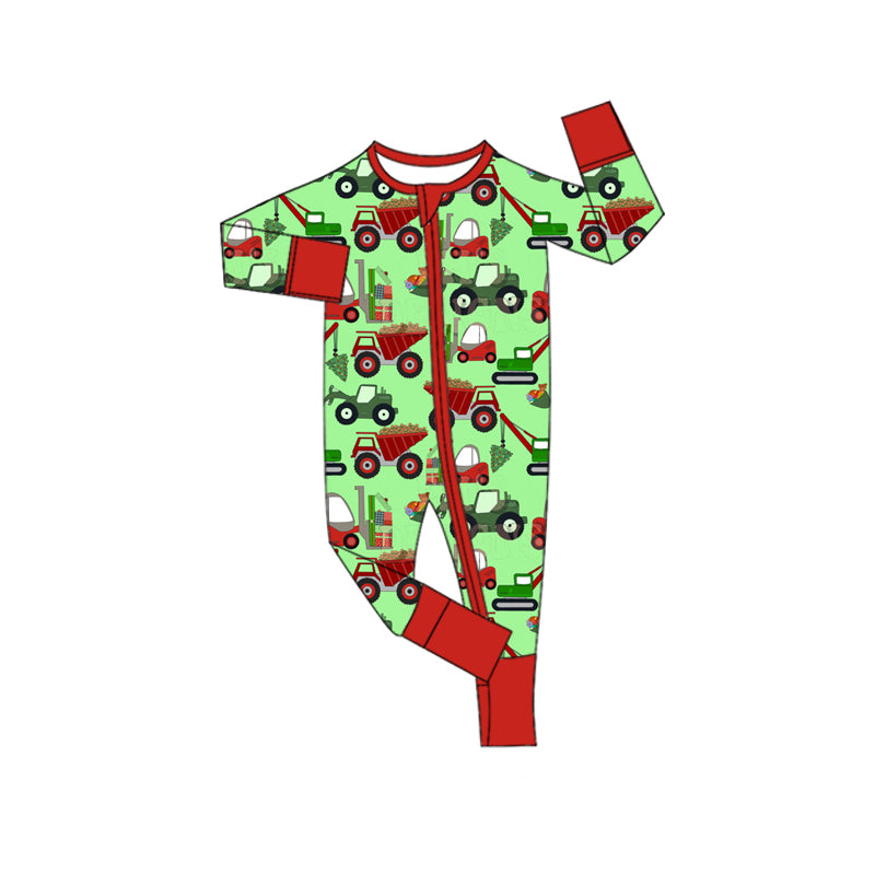 Preorder moq 5 Baby Infant Boys Long Sleeves Green Excavators Plaid Zipper Romper