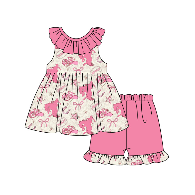 Preorder (moq 5)Baby Girls Pink Sleeveless Horse Rodeos Round Collar Tunic Ruffle Short Sets