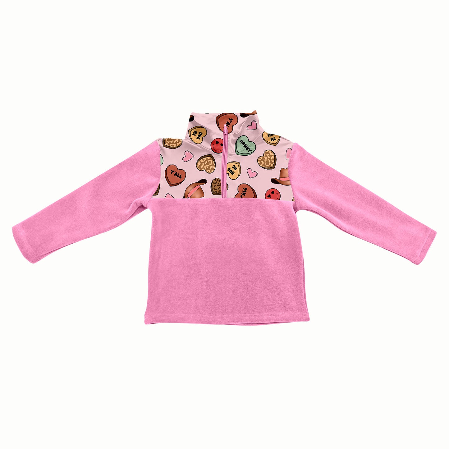 Preorder(moq 5) Baby Girls Smile Hat Hearts Half Zipper Western Valentines Pullovers Sweater Tops