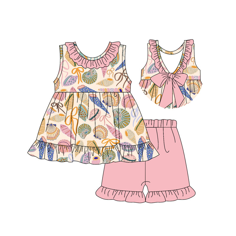 Preorder (moq 5)Baby Girls Pink Sleeveless Colorful Bows Shell Tunic Ruffle Short Set