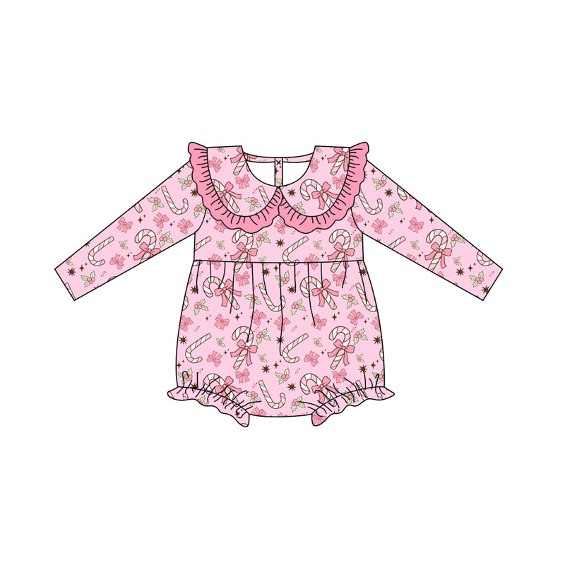 Preorder (moq 5)Baby Girls Long Sleeves Pink Bows Candy Cane Holly Plaid Ruffle Romper