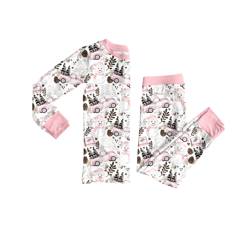 Preorder (moq 5)Baby Girls Long Sleeves Pink Trees Snowman Top Pants Pajamas Set