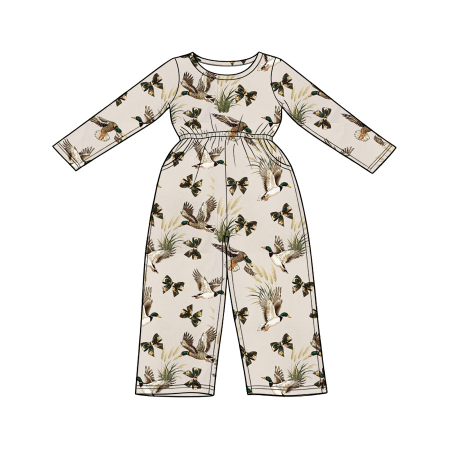 Preorder (moq 5) Baby Girl Clothes Mallard Duck Green Bow Mixed Print Long Sleeve Jumpsuit