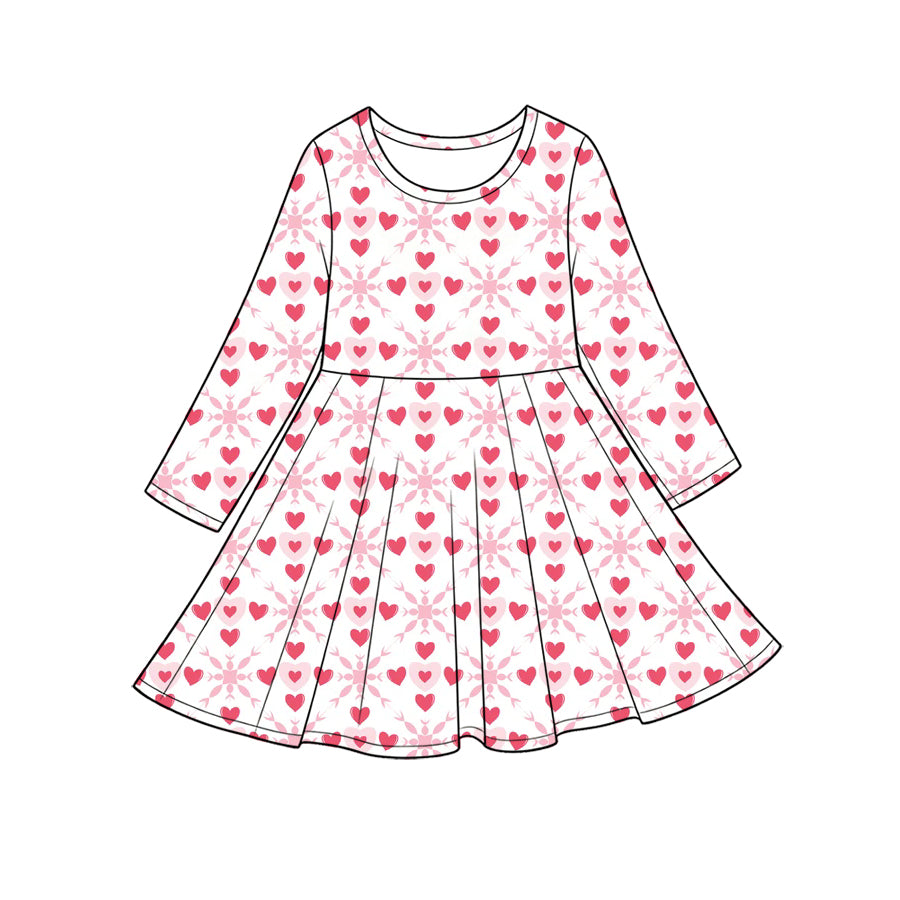 Preorder (moq 5) Baby Girl Clothes Soft Pink Heart Floral Mixed Print Long Sleeve Twirl Dress