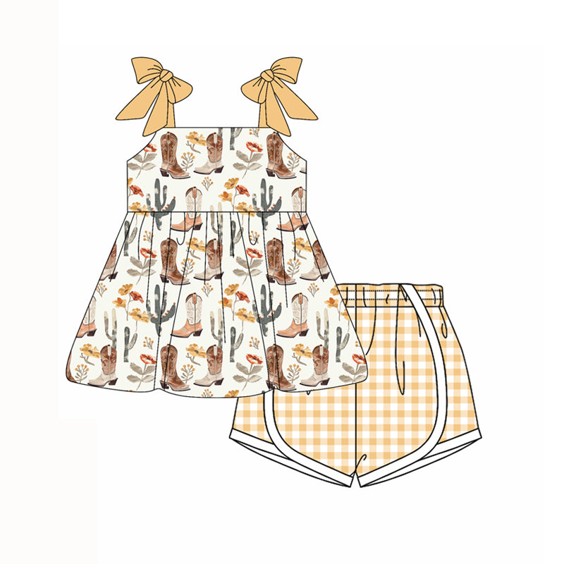 Preorder moq 5 Baby Girls Orange Strap Boots Cactus Tunic Plaid Shorts Set