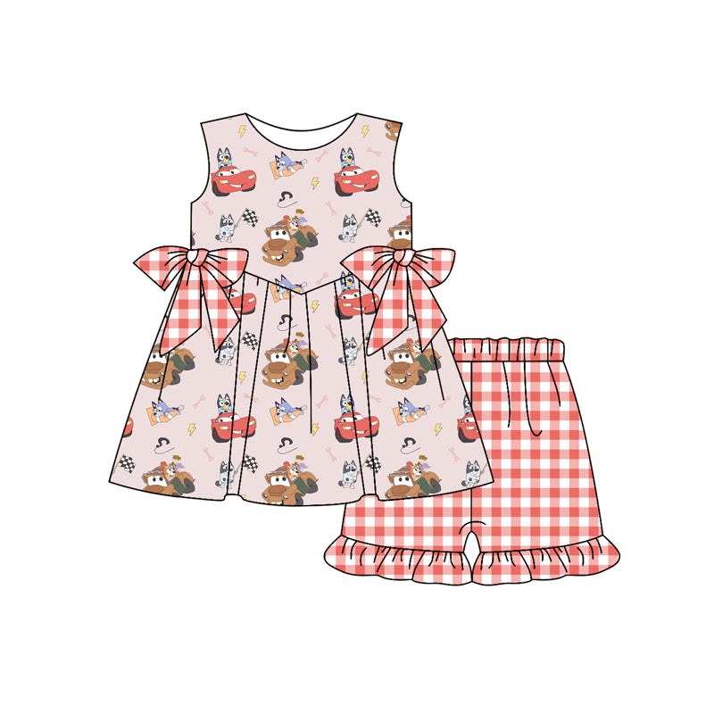 Preorder moq 5 Baby Girls Sleeveless Cartoon Dogs Cars Tunic Red Plaid Ruffle Short Set