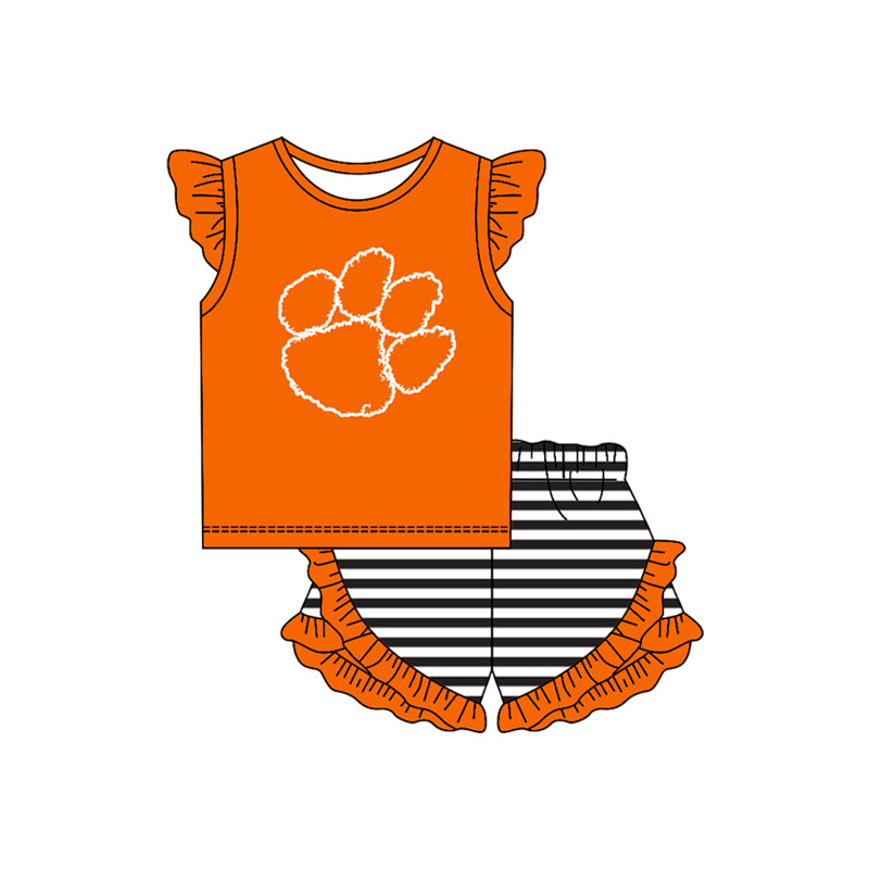 Preorder (moq 5)Baby Girls Orange Pawl Top Stripe Ruffle Shorts Team Clothes Set