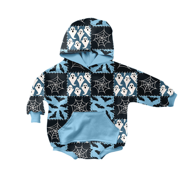 Preorder (moq 5)Baby Girls Long Sleeves Hot Blue Ghost Bats Plaid Pocket Hoodie Rompers