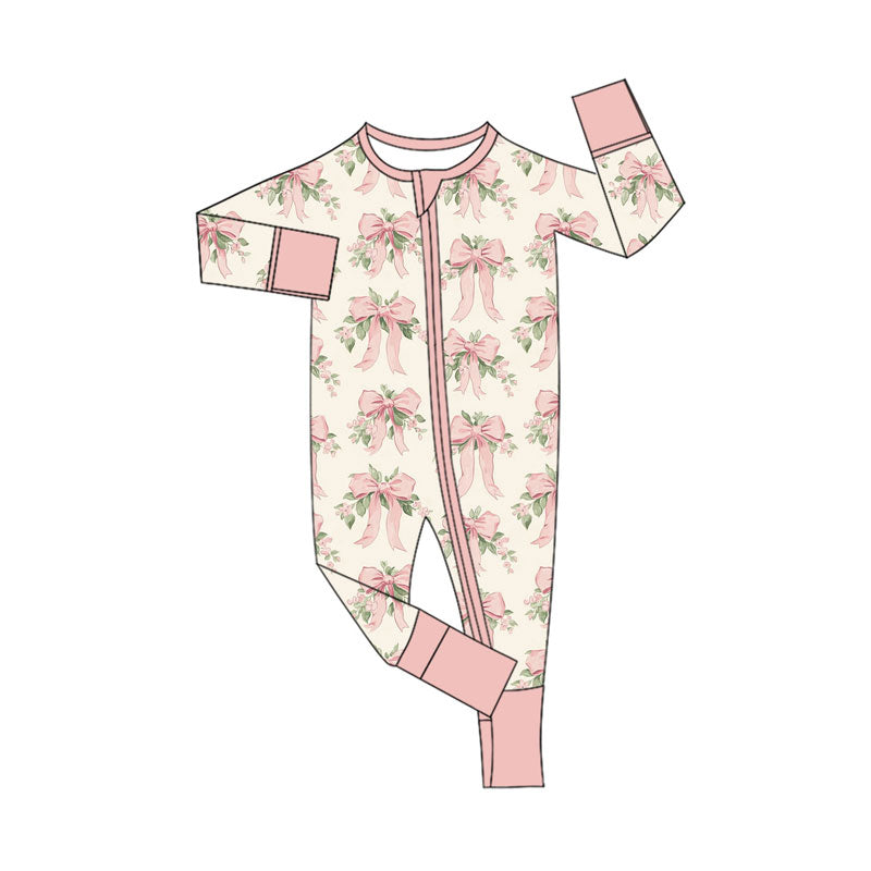 Preorder (moq 5)Baby Girls Peach Flowers Bows Zipper Footie Rompers