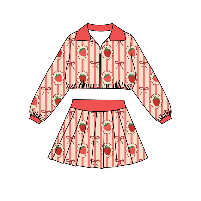 Preorder (moq 5)Baby Girls Bows Strawberry Zip Jackets Skirt Shorts Team Clothes Set