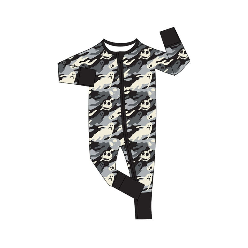Preorder moq 5 Baby Infant Boys Long Sleeves Black Camo Ghost Skulls Plaid Zipper Romper