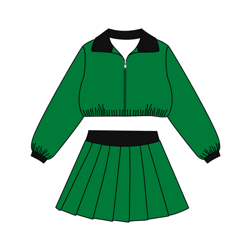 Pre-order(moq5) Kids Full Zip Collared Cropped Jacket Pleated Skirt 2‑Piece Athletic Set