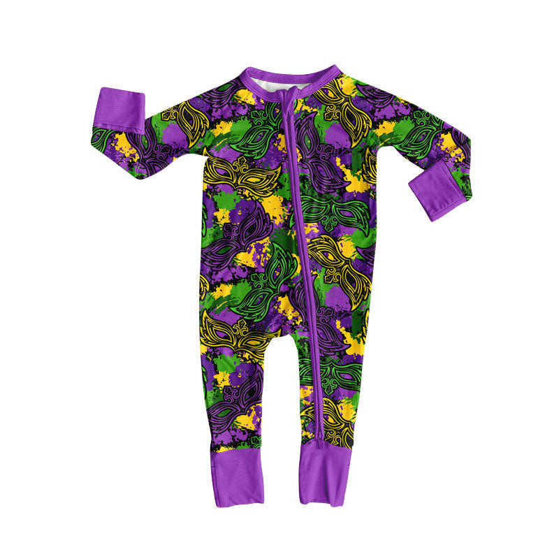 Preorder (moq 5)Baby Girls Mardigras Camo Masks Zipper Footie Rompers