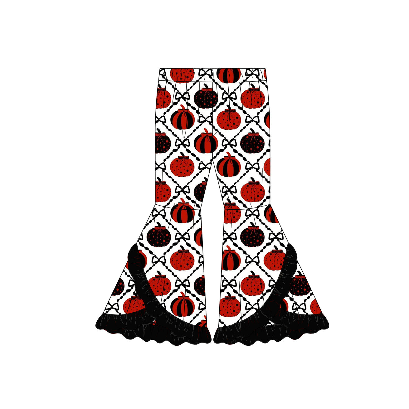 Preorder (moq 5)Baby Girls Bows Pumpkins Checked Fall Double Ruffle Bell Bottom Pants