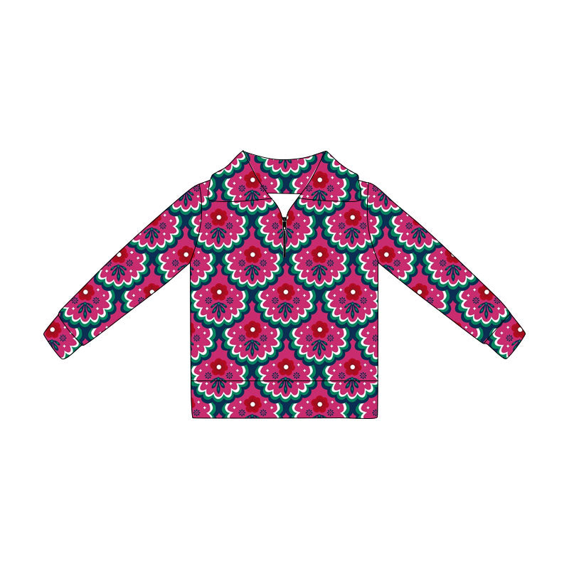 Preorder(moq 5) Baby Girls Long Sleeve Red Flowers Checked Zipper Pullovers Top