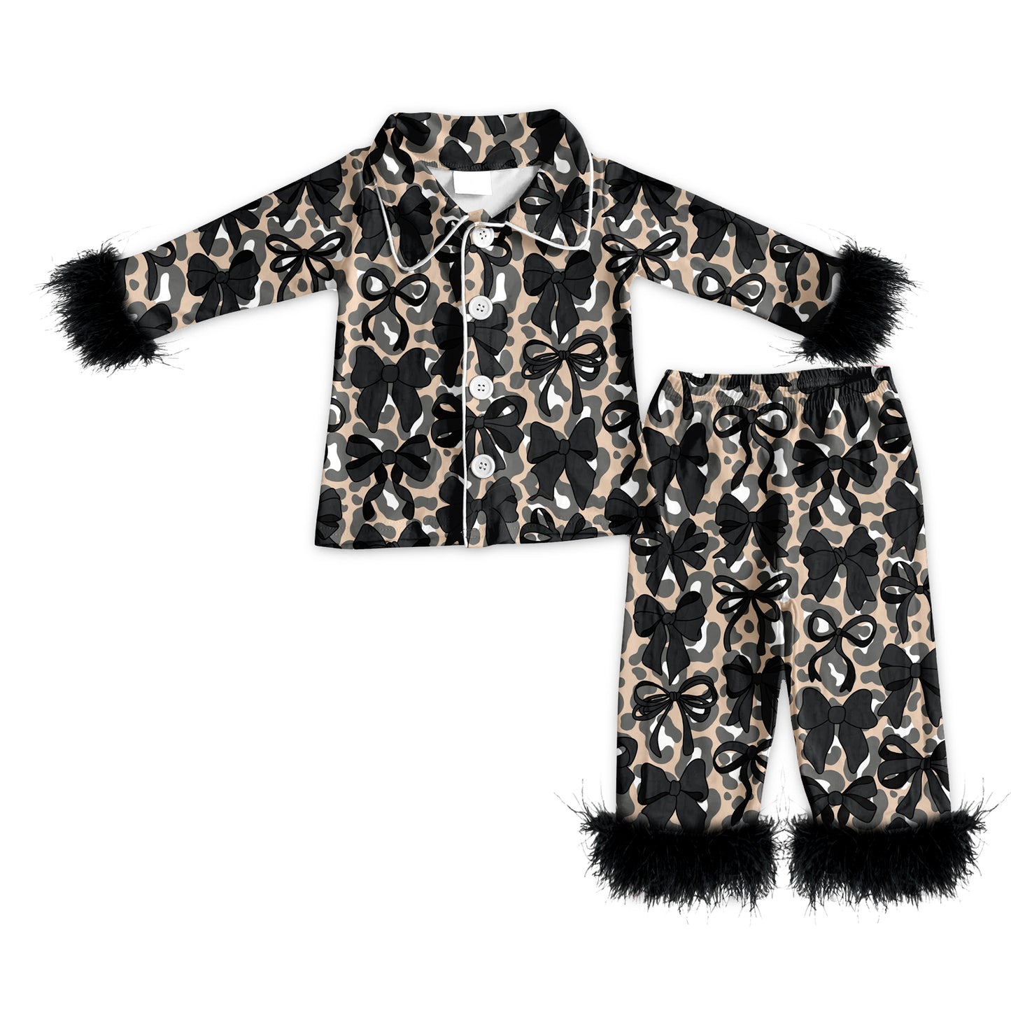 Preorder (moq 5)Baby Girls Long Sleeves With Fur Black Camo Bows Button Top Pant Pajamas Set