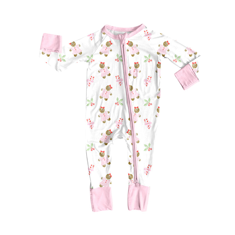 Preorder(moq 5)Baby Infant Girls Long Sleeves Candy Cane Gingerbread Christmas Zipper Rompers