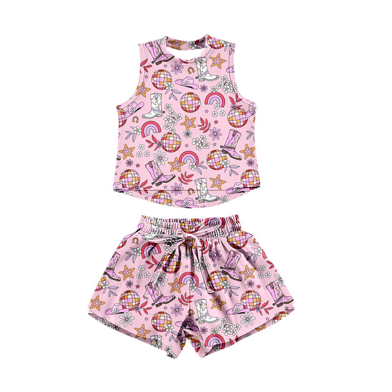 Preorder (moq 5)Baby Girls Rainbows Boots Top Shorts Western Clothes Set