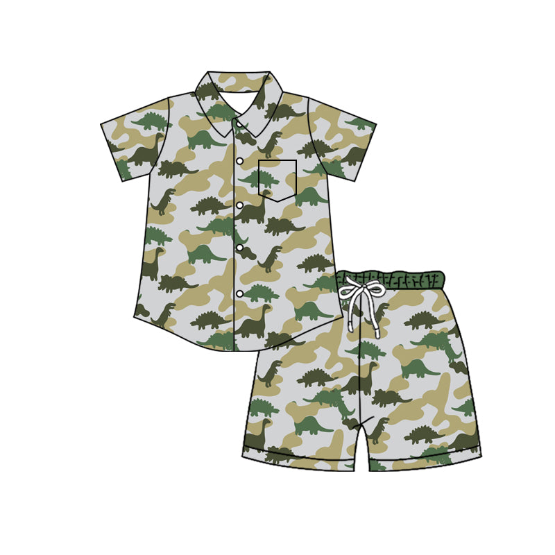 Preorder (moq 5)Baby Boys Southern Camo Dinosaurs Button Pocket Top Short Clothes Sets