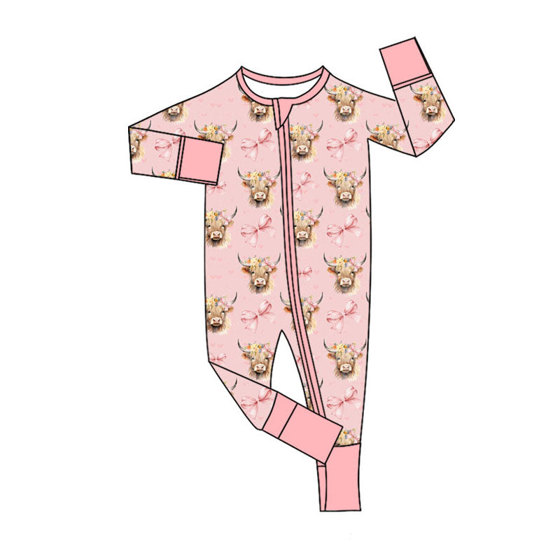 Preorder (moq 5)Baby Girls Pink Bows Highland Cows Western Two Way Zip Convertible Rompers
