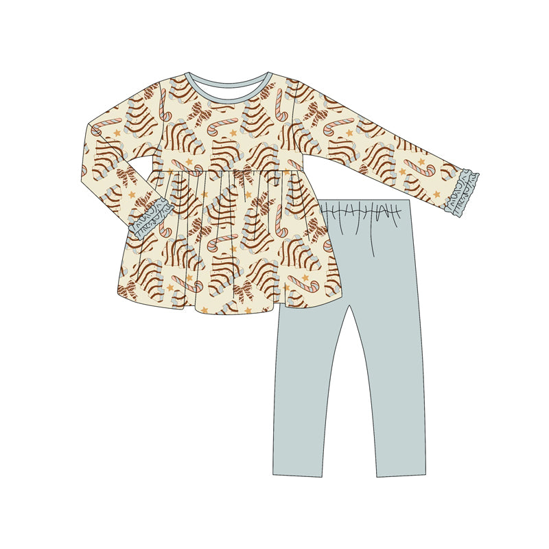 Preorder (moq 5)Baby Girls Long Ruffle Sleeves Bows Trees Tunic Blue Legging Pant Sets